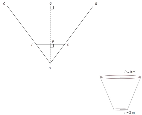 Den ene figuren er en trekant ABC som er delt i to rettvinklede trekanter ABG og AGC. D er et punkt på AB, og E er et punkt på AC. Punktet der DE skjærer AG kalles F.
Den andre figuren er en avkortet kjegle.